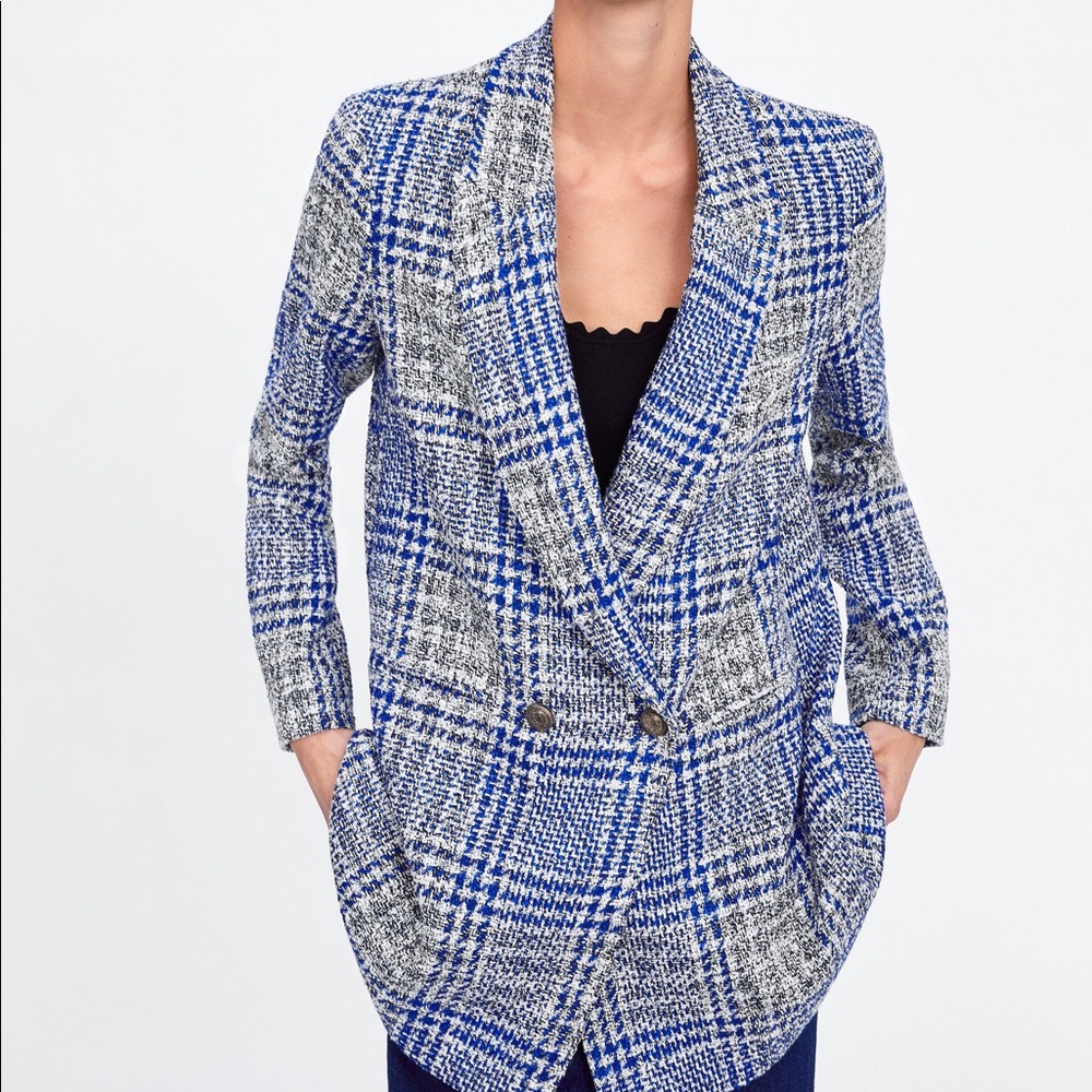 Zara Frock Blazer Coat Plaid Pronounced Shoulders Blue/White Color Size XS NWT.